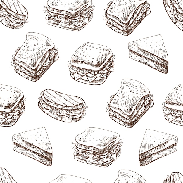 Handdrawn vector seamless pattern of sandwiches Vintage doodle illustration Sketch for cafe menus and labels The engraved image