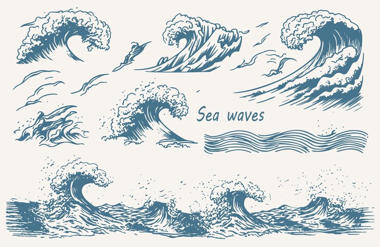 Vector handdrawn vector set of ocean waves including storm waves tides and beach waves in a vintage sketch style