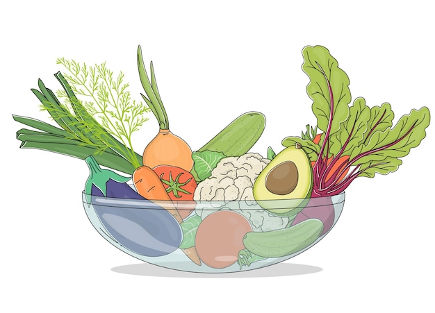 Vettore verdure disegnate a mano in un piatto trasparente su sfondo bianco