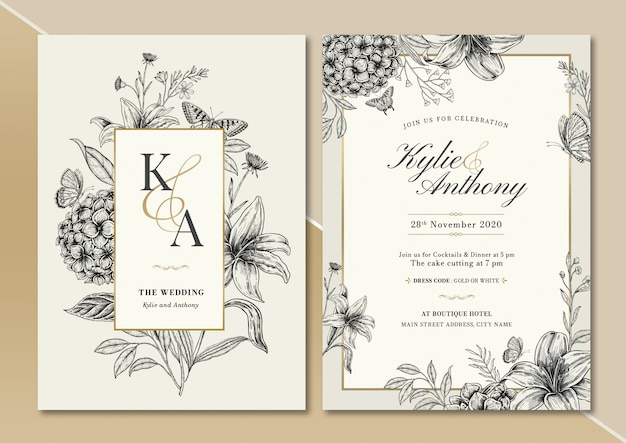 Vector handdrawn vintage floral wedding invitation card