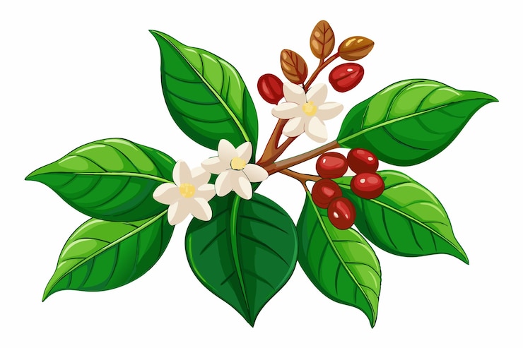 Vector handdrawn watercolor coffee plant branch with flowers leaves and beans vector clipart