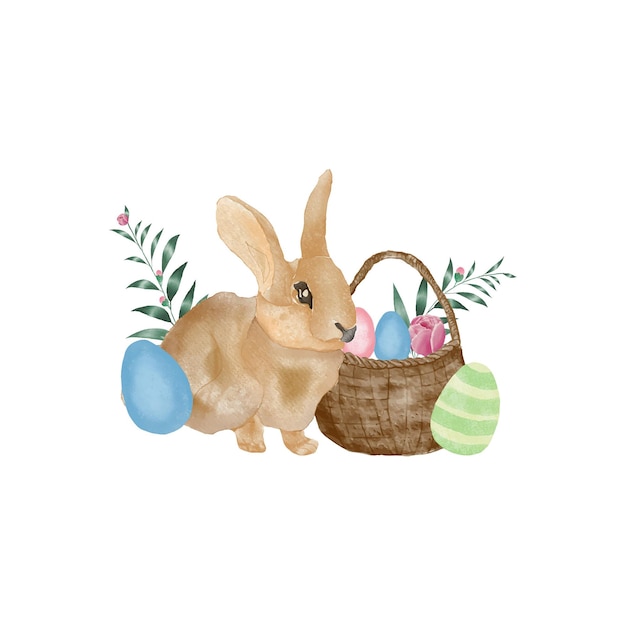 Нарисованный вручную акварельный пасхальный кролик с акварельным яйцом и цветочной иллюстрацией