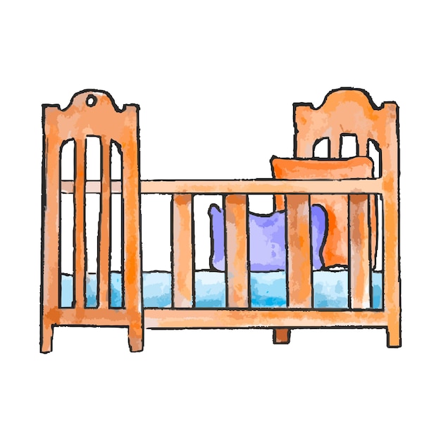 Handdrawn watercolor illustration of infant bed cot Baby crib with pillow for child in doodle style