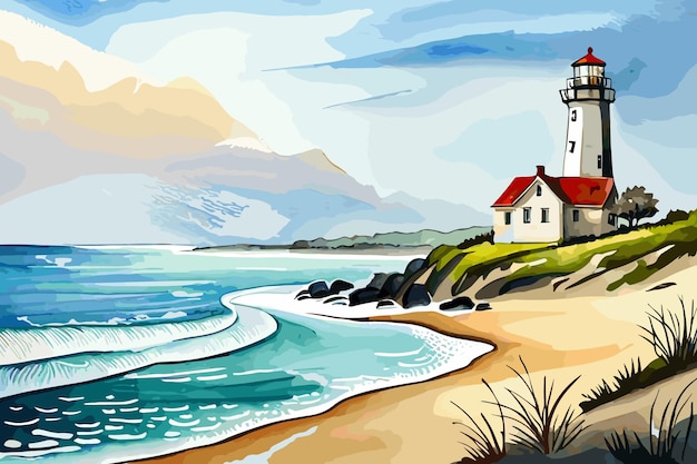 Handdrawn watercolor illustration of a lighthouse at the seaside