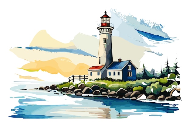 Vector handdrawn watercolor illustration of a lighthouse at the seaside