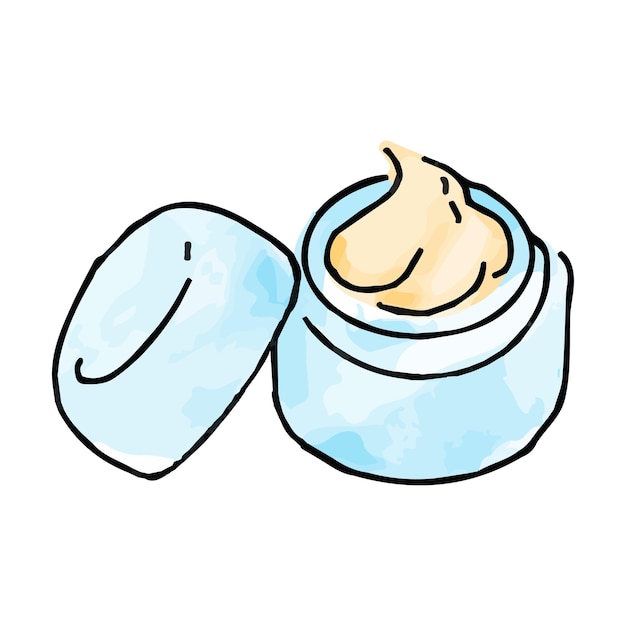 Vector handdrawn watercolor illustration of moisturize cream baby skin care items isolated in doodle style