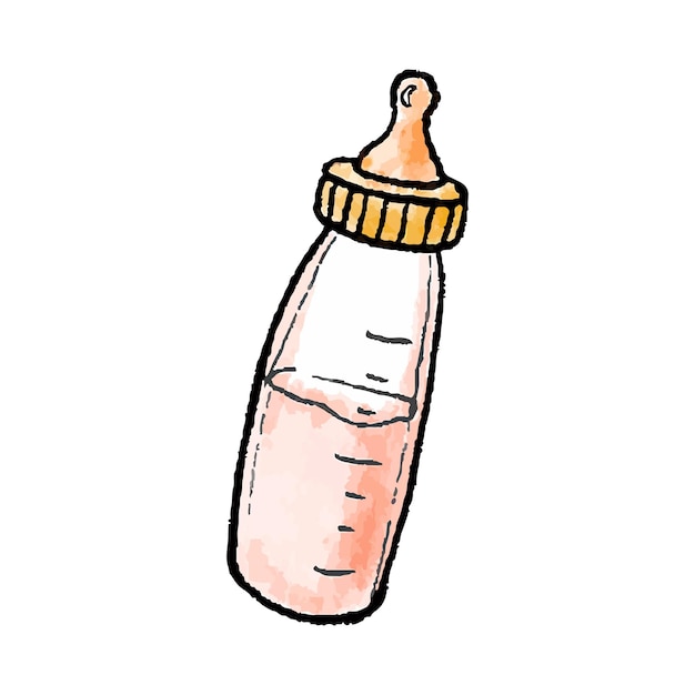 Handdrawn watercolor illustration of pink baby bottle sippy cup with milk in doodle style
