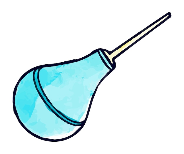 Handdrawn watercolor illustration of syringe pear Blue rubber enema isolated in doodle style