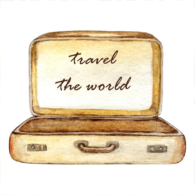 Vettore illustrazione ad acquerello disegnata a mano valigia in pelle marrone vintage aperta vintage ad acquerello