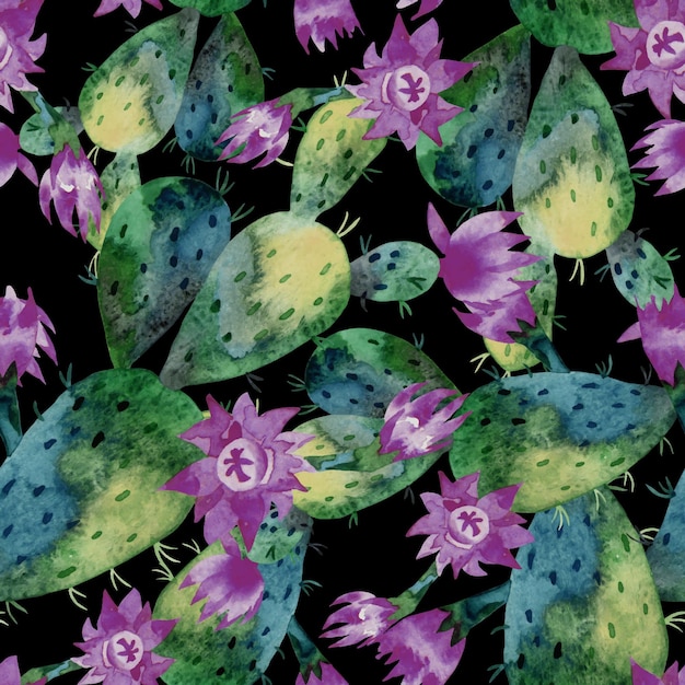 Vettore pittura ad acquerello disegnato a mano di cactus e fiori verdi