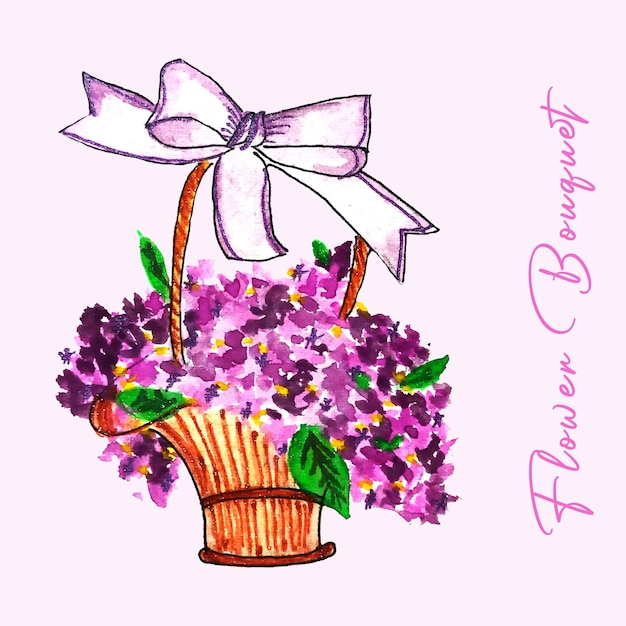 Нарисованный от руки акварель фиолетовый букет цветов с корзиной клипарт