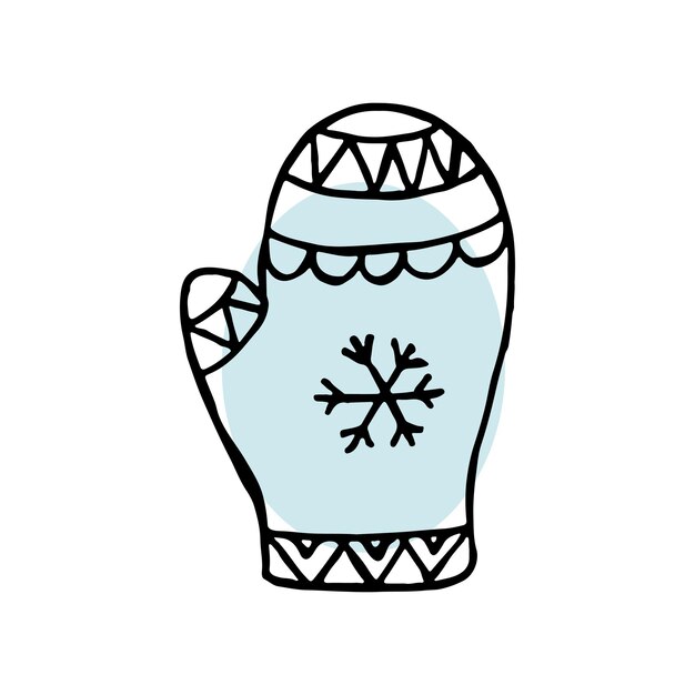 A handdrawn winter clothing Vector illustration in doodle style Winter mood Hello 2023 Merry Christmas and Happy New Year Black mittens with ornament and snoflake on a white and blue background