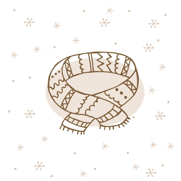 Un abbigliamento invernale disegnato a mano illustrazione vettoriale in stile doodle inverno umore ciao 2023 buon natale e felice anno nuovo sciarpa marrone con ornamento su sfondo bianco con fiocchi di neve