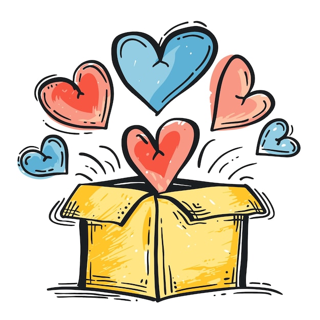 Vector handdrawn yellow gift box exploding colorful hearts love hearts emerge vibrantly package