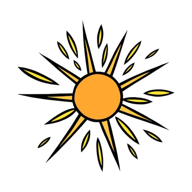 Handdrawn yellow sun colorful shining sun with beams in doodle style