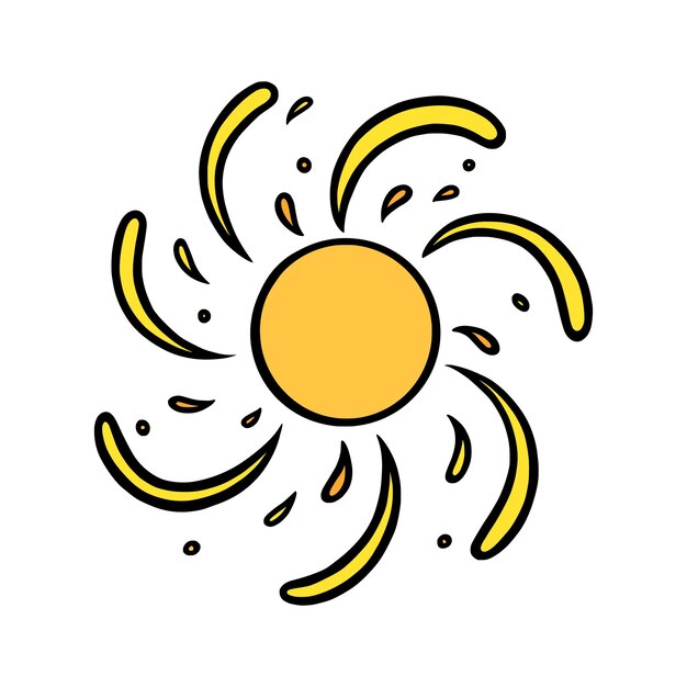 Handdrawn yellow sun colorful shining sun with swirling beams in doodle style black and white