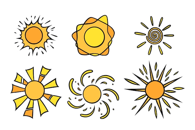 Vector handdrawn yellow suns set. colorful shining suns with beams in doodle style. black and white vector illustration isolated in white background