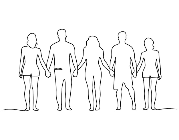 Handdrawn young people standing holding each other hands back side view elegant line drawing