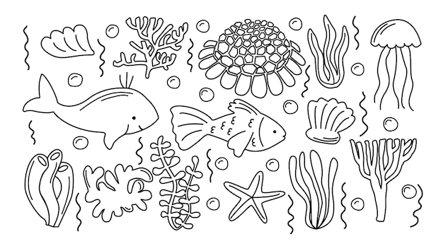 Набор каракули Handdrawnsea Life Коллекция рисованной иллюстрации рыбных раковин различных водорослей