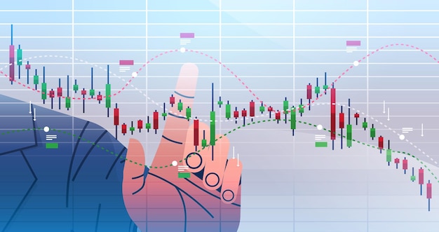 Handelaar hand analyzig vallen beurshandel grafiek kandelaar grafiek financiële investeringen economie trends