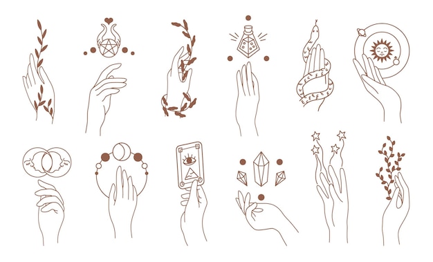 Handen Abstracte hand getrokken magische vrouw handen doodle magische vrouwelijke symbolen Vector set