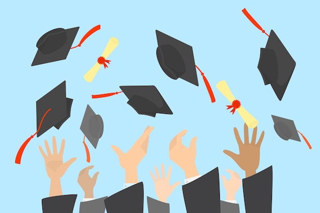 Handen afstuderen caps en diploma in de lucht gooien. Viering van het afstuderen van een universiteit of school. illustratie