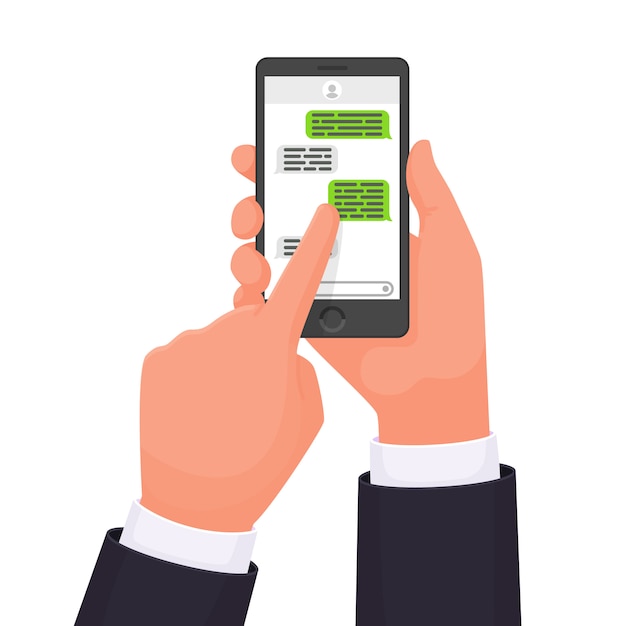 Handen die de smartphone vasthouden. Online chat. Boodschapper. Communicatie in het netwerk. sms-bericht