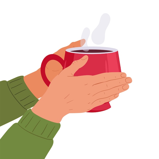 Handen die een kop warme drank vasthouden Cartoon kop koffie thee of cacao warme drankje koffiebeker in de hand geïsoleerde platte vector illustratie