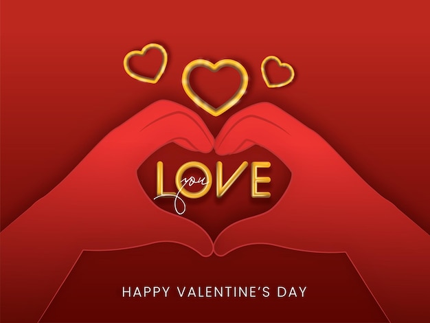 Handen die hartvorm maken met LOVE YOU tekst 3D gouden harten op rode achtergrond voor Happy Valentine's Day Concept