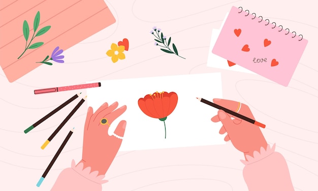 Handen die kleurpotlood vasthouden en bloemen tekenen Botanisch portret met de hand getekende hobby Schilderen kinderen workshop ontwerper werkend vectorconcept