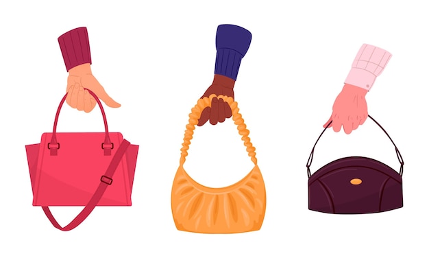 Vector handen die tassen vasthouden modieuze leren tassen in menselijke handen vrouwelijke palm die casual baguette tassen platte vector illustratie set vasthouden