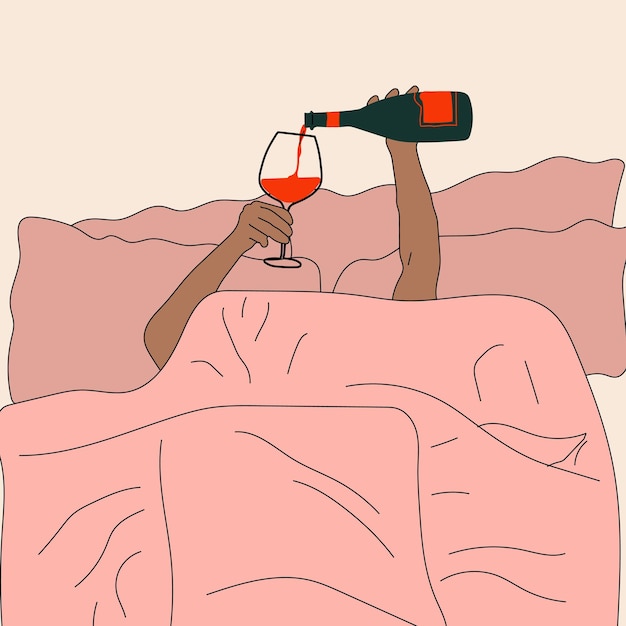 Handen die wijn in een glas in bed gieten. Vector