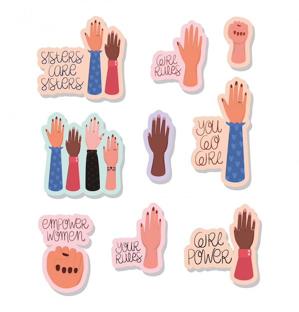 Handen en teksten stickers set van empowerment van vrouwen. vrouwelijk macht feministisch concept