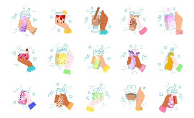 Handen houden drankjes vast Doodle handen met koude warme verfrissende plastic mokken en kopjes met drankjes