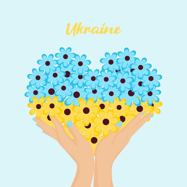 Handen houden een hart van bloemen vast. Geen oorlog, bid voor Oekraïne.