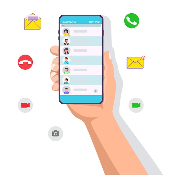 Vector handen houden mobiele telefoon open contact telefoon bericht scrollen smartphone schermen met behulp van app