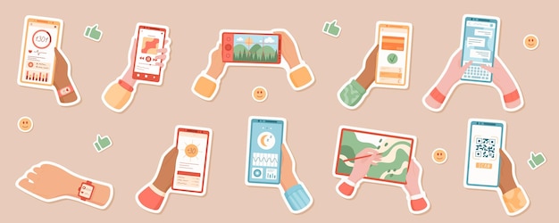 Handen houden smartphones met applicaties sticker set digitale apparaten weergeven sociale media chat en