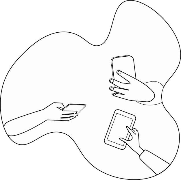 Handen houden smartphones vast Zwart-wit afbeelding in eenvoudige stijl of met de hand tekenen van moderne technologie