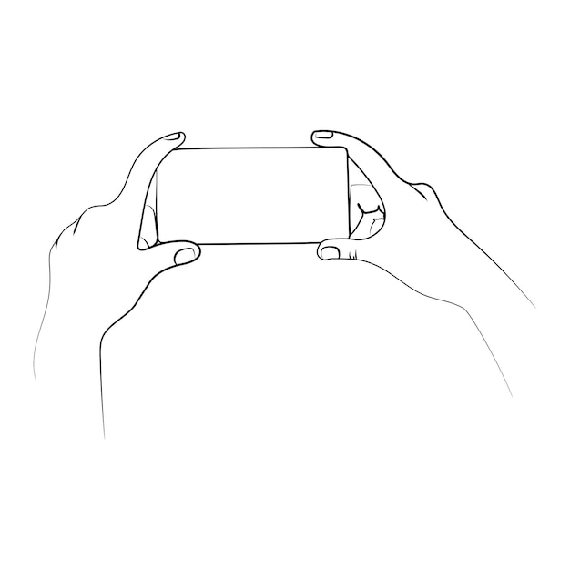 Handen houden telefoon of smartphone vast met blanco scherm schetstekening in lijnstijl vector