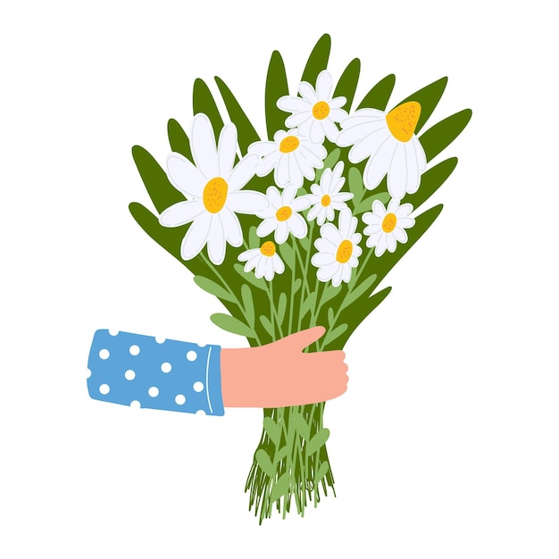 Vector handen met boeket bloemen in cartoon vlakke stijl womens dag 8 maart moederdag valentijnsdag