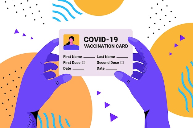 Handen met covid-19 vaccinatierecordkaart wereldwijde immuniteit paspoort risicovrij herinfectie pcr-certificaat