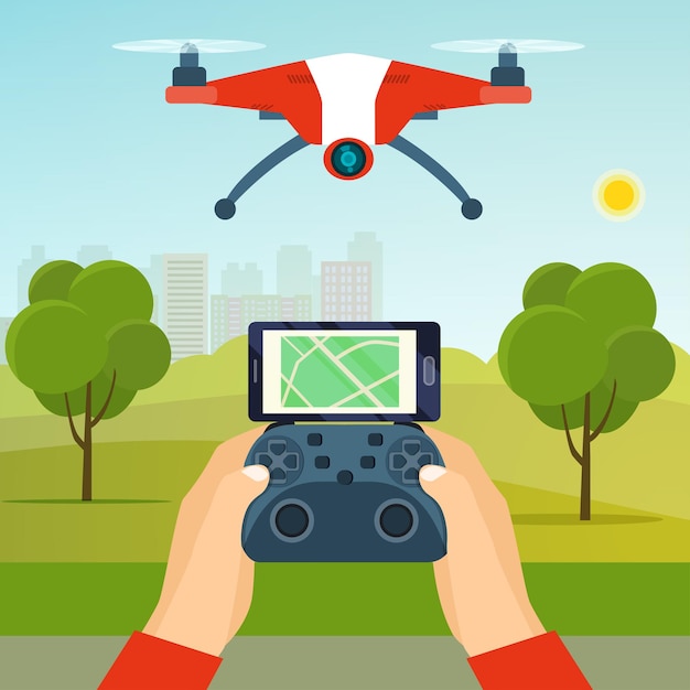 Handen met drones-controller Vliegende drone quadcopter in het park Platte vectorillustratie