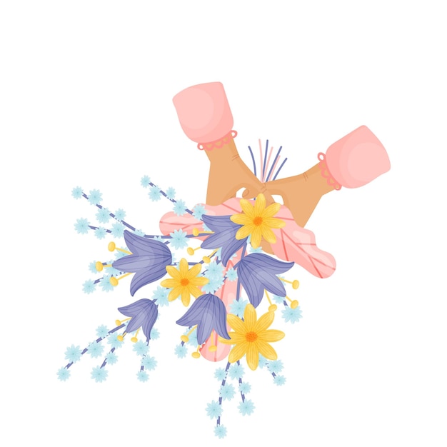 Handen met een boeket blauwe en gele bloemen met roze vectorillustratie op een witte achtergrond