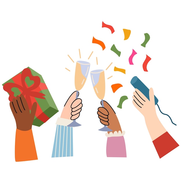 Handen met een glas champagne, cadeautjes en confetti voetzoeker Feestelijke toastGreating