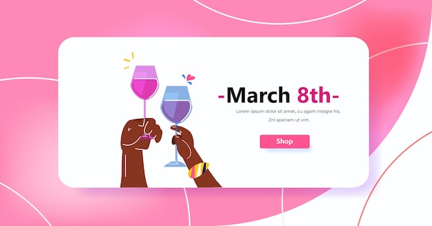 Handen met glazen champagne internationale gelukkige vrouwendag viering concept 8 maart wenskaart