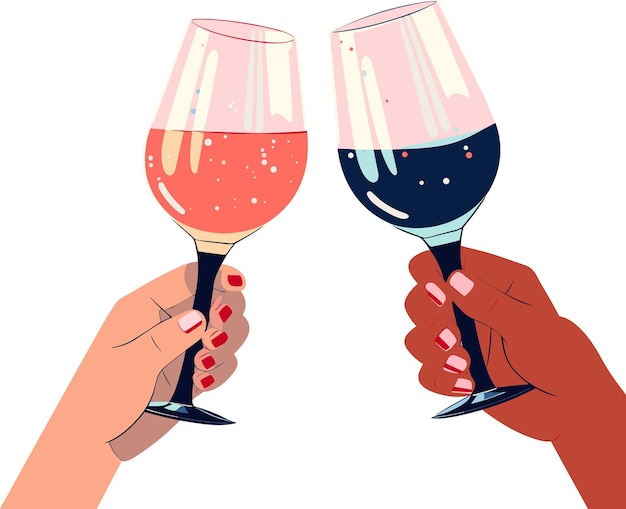 Handen met glazen in cartoon stijl Handen met champagne wijn cocktail