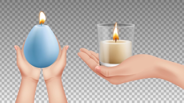 Handen met kaarsen. realistische lichten, religie symbolen. vakantie decoratieve verlichting vectorelementen. kaarslicht in de hand, vlam met handillustratie