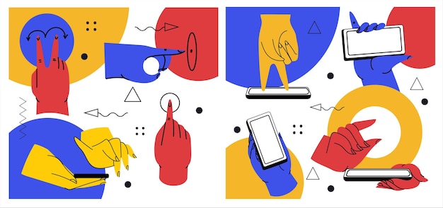 Handen met smartphone Vector icoon van mensen houden smartphone vast of gebruiken aanraakgebaren voor mobiele telefoon tijdens het lezen Druk op en wijs pich en maak los draaien en vegen symbool