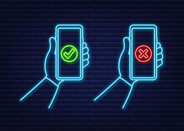Handen met smartphones met vinkjes ingesteld. Vink en kruis vinkjes aan. Vector voorraad illustratie.