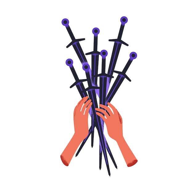 Handen met veel scherpe zwaarden. Krijger met stelletje scherpe messen. Geweld, wapens, wapen, agressie, beschermingssymbool, concept, metafoor. Platte vectorillustratie geïsoleerd op een witte achtergrond
